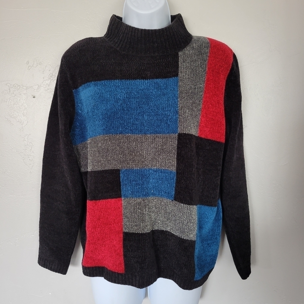 Alfred Dunner Vintage Medium Petite Colorblock Chenille Sweater Black Red Blue